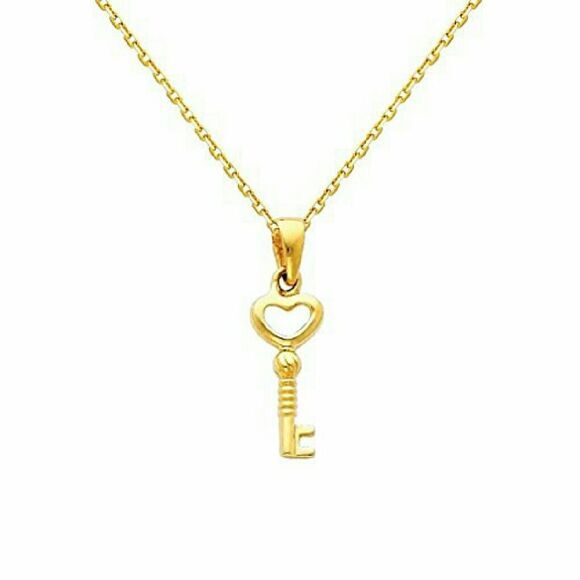 14k Solid yellow Gold Heart key Necklace 2pc set